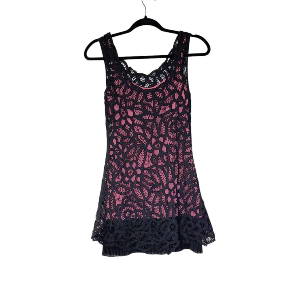 Vintage Y2K Betsey Johnson Mini Dress Pink Black Crochet Lace Punk Grunge XS